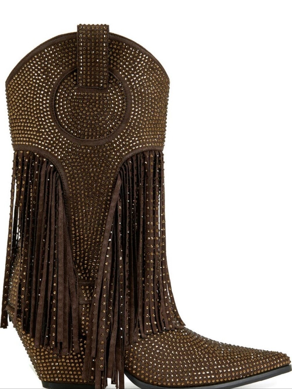 Embellished Fringe Heeled Cowboy Boots - Brown